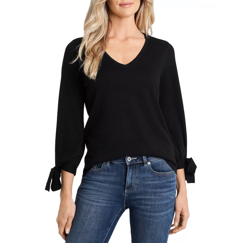 Black CeCe tie sleeve v neck sweater